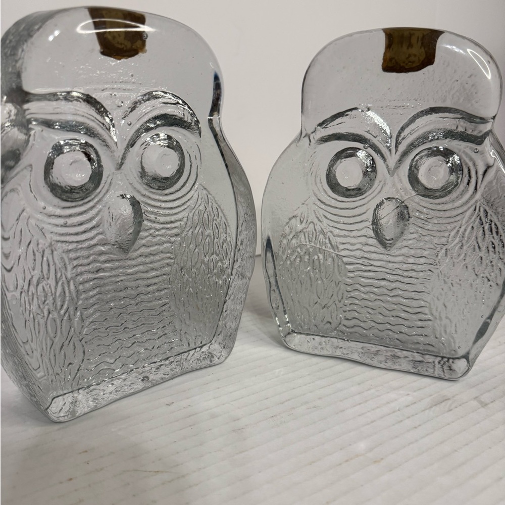 Vintage Blenko Owl Pair Bookends Clear Art Glass  Mid Century Modern Excellent!